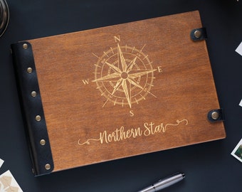 Our Adventure Book with Compass, Personalized Photo Album, Nautical Photo Album, Travel Photo Album Adventure Awaits, Wooden Photo Album