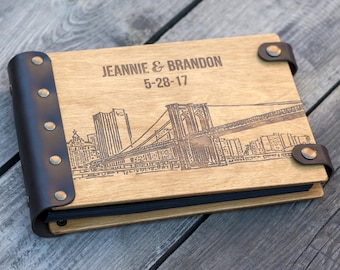 Wooden Photo Album with Brooklyn Bridge Design Preserve Your Family Memories, Custom Photo Album Ideal Anniversary Gift and Family Keepsake