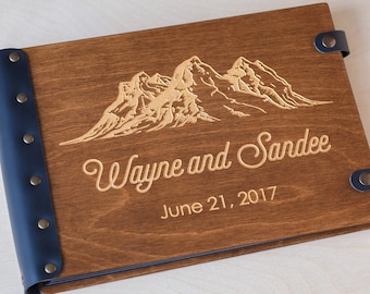 Wooden Photo Album with Mountains Design, Personalized Photo Album for Travel Memories, Unique Photo Book, Travel Gift