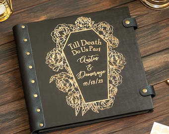 Personalized Photo Album Gothic, Wooden Scrapbook Album for Goth Wedding, Halloween Photo Album Till Death Do Us Part, Gift for Couple