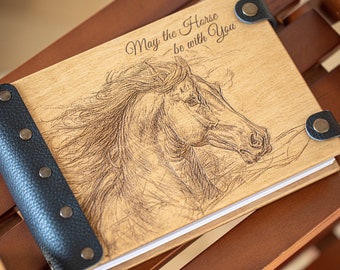 Wooden Photo Album with Horse, Engraved Photo Album Scrapbook Album Gift for Horse Lover, Personalized Photo Album, Horse Racing Memory Book
