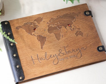 Custom World Map Photo Album, Wooden Adventure Book, Couples Scrapbook, Map Photo Album Unique Wedding Gift, Personalized Photo Album