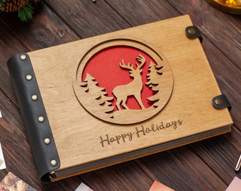 Personalized Wooden Christmas Photo Album with Deer, Custom Scrapbook Album Holiday Memories, Photo Album Best Christmas Gift