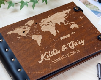 Personalized Photo Album with World Map, Photo Album with Engraving, Wooden Photo Album Personalized, Travel Photo Album Couple Gift