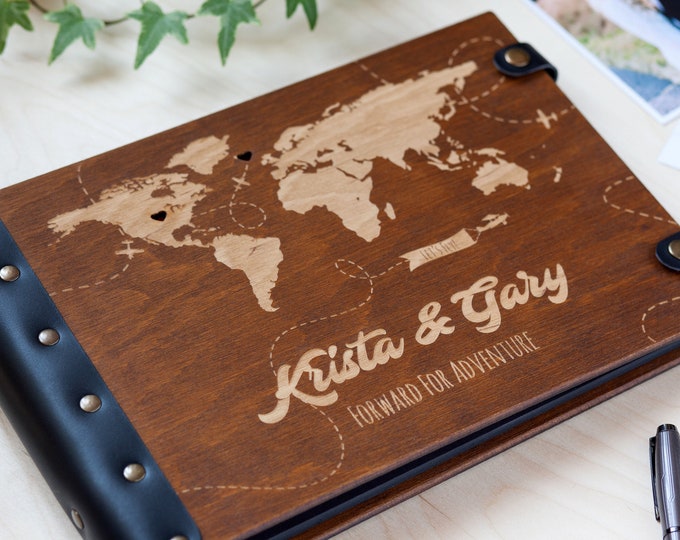 Personalized Photo Album with World Map, Photo Album with Engraving, Wooden Photo Album Personalized, Travel Photo Album Couple Gift