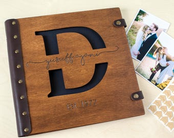 Custom Monogram Photo Album Rustic Wooden Scrapbook for Wedding Memories, Personalized Photo Album Anniversary Gift Idea