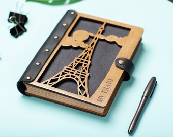 Personalized Wood Cover Notebook Custom Eiffel Tower Wooden Sketchbook Diary Made of Walnut Wood Gift for Friend Gift for Her or Husband