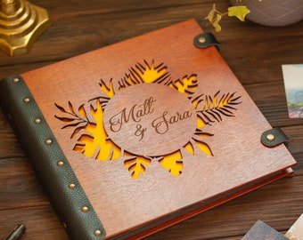Wood Photo Album with Tropical Leaf Design, Travel Photo Album Adventure Awaits, Personalized Our Adventure Book Gift for Loved Ones