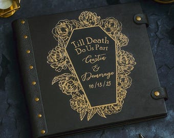 Personalized Photo Album Gothic, Wooden Scrapbook Album for Goth Wedding, Halloween Photo Album Till Death Do Us Part, Gift for Couple