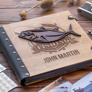 Wooden Photo Album for Fisherman with 3D Fish Personalized Book for Scrapbooks and Photos From Fishing or Hunting Great Gift for Husband image 4