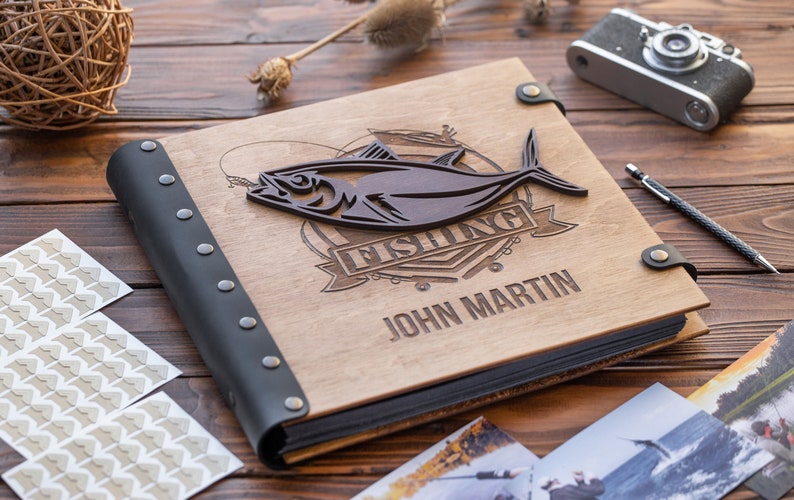 Wooden Photo Album for Fisherman with 3D Fish Personalized Book for Scrapbooks and Photos From Fishing or Hunting Great Gift for Husband image 4