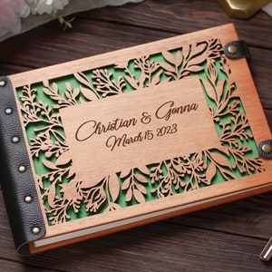 Wood Carved Flower Wedding Guest Book Engraved with Names and Dates of the Wedding Anniversary for Keeping Notes from Guests