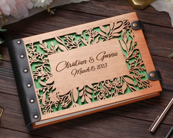 Wood Carved Flower Wedding Guest Book Engraved with Names and Dates of the Wedding Anniversary for Keeping Notes from Guests