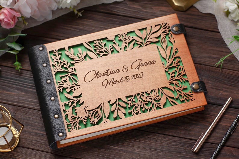 Wood Carved Flower Wedding Guest Book Engraved with Names and Dates of the Wedding Anniversary for Keeping Notes from Guests image 1