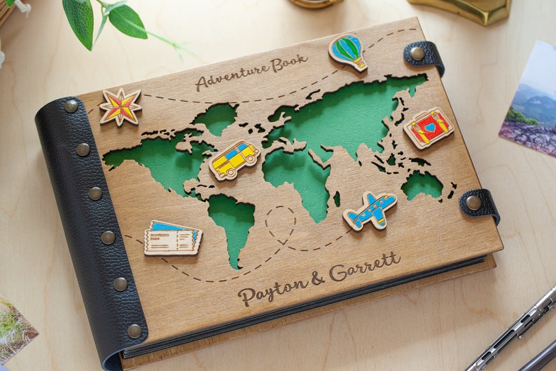 Travel Photo Album with World Map, Our Adventure Book, Custom Photo Album, Wedding Photo Album, Personalized Travel Scrapbook for Couple image 1