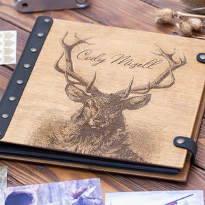 Wooden Photo Album with Deer Gift for Hunter or Fisherman with Engraved Name and Date in Leather Cover Custom Made for Husband