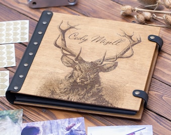 Wooden Photo Album with Deer Gift for Hunter or Fisherman with Engraved Name and Date in Leather Cover Custom Made for Husband