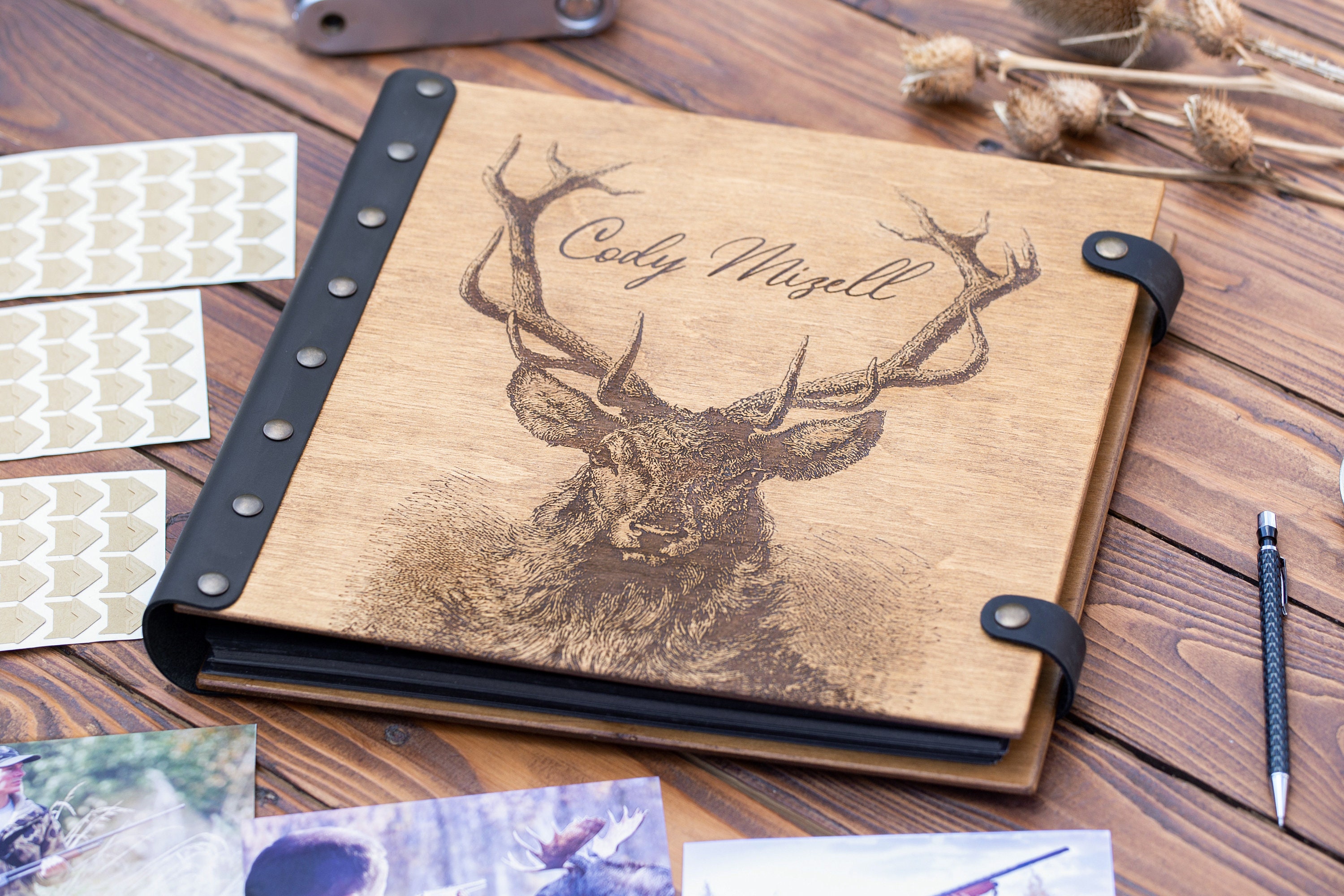 Wooden Photo Album with Deer Gift for Hunter or Fisherman with Engraved Name and Date in Leather Cover Custom Made for Husband