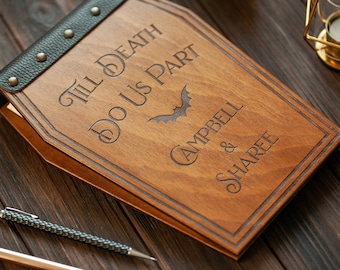Halloween Guest Book, Wooden Coffin Guestbook with Engraving Till Death Do Us Part, Gothic Wedding Book Couples Gift