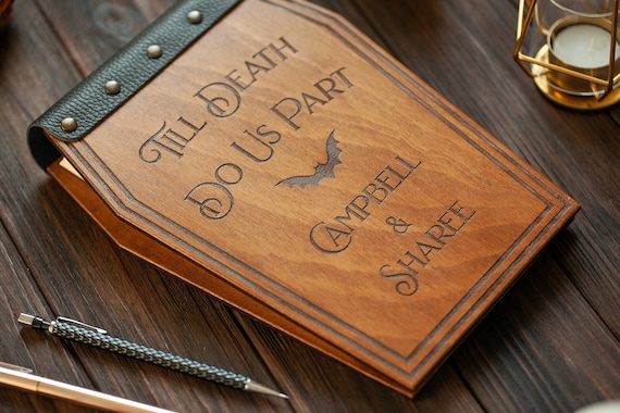 Halloween Guest Book, Wooden Coffin Guestbook with Engraving Till Death Do Us Part, Gothic Wedding Book Couples Gift