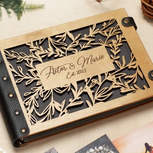 Custom Wedding Photo Album with Leaves Personalized Wedding Gift, Floral Photo Album for Couple, Wedding Photo Book Wooden Scrapbook