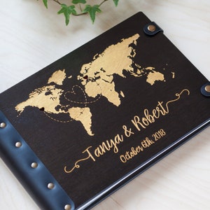 Guest Book World Map, Wedding Guestbook Golden Map, Wooden Guest Book Couple Wedding Gift, Unique Guest Book, Engraved Guest Book image 2