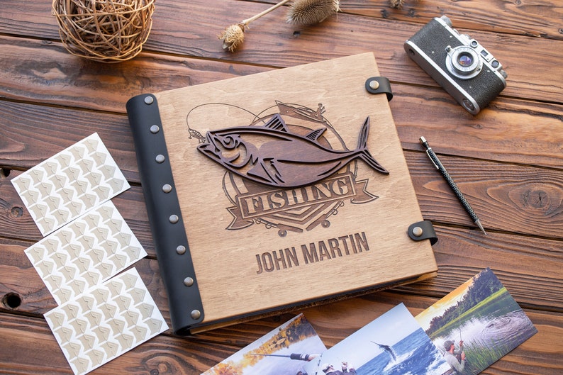 Wooden Photo Album for Fisherman with 3D Fish Personalized Book for Scrapbooks and Photos From Fishing or Hunting Great Gift for Husband image 5