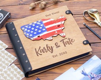 Wooden Photo Album 3D Map of USA, Personalized Photo Album Anniversary Gift for Friends, Engraved Photo Album, Scrapbook Album Couple Gift