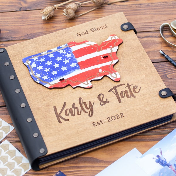 Wooden Photo Album 3D Map of USA, Personalized Photo Album Anniversary Gift for Friends, Engraved Photo Album, Scrapbook Album Couple Gift