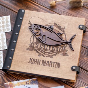 Wooden Photo Album for Fisherman with 3D Fish Personalized Book for Scrapbooks and Photos From Fishing or Hunting Great Gift for Husband image 3