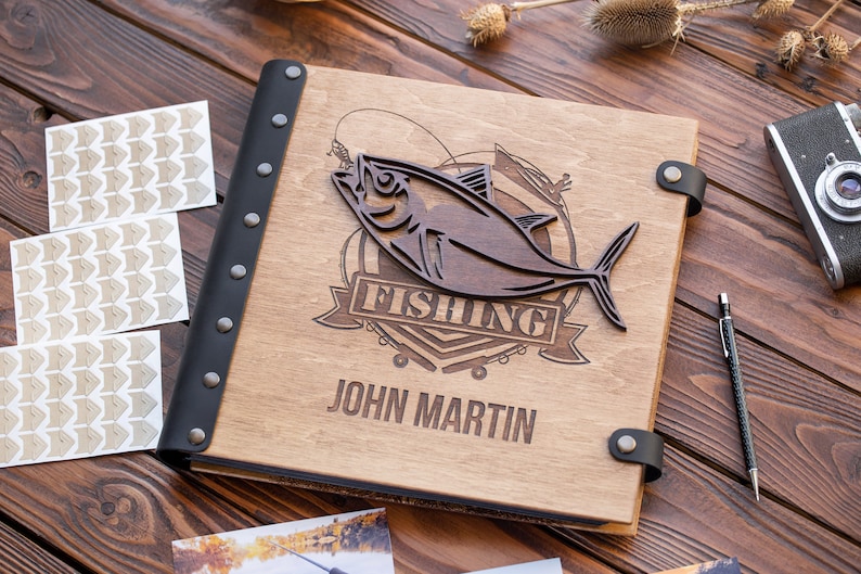 Wooden Photo Album for Fisherman with 3D Fish Personalized Book for Scrapbooks and Photos From Fishing or Hunting Great Gift for Husband image 3