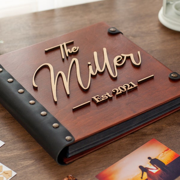 Álbum de fotos de madeira com texto 3D, álbum de fotos de família, álbum de recortes de casamento, livro de fotos misterioso de madeira, álbum de fotos de casamento, livro de memórias do bebê