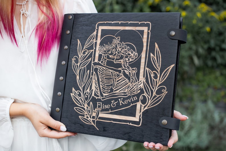 Gothic Personalized Photo Album Skeletons Kiss Till Death Do Us Part with Your Names Engraved and Date Great Gift for a Couple