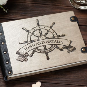 Custom Nautical Guest Book with Wheel, Travel Adventure Wedding Guest Book, Wood Photo Album for Cruise Wedding, Guest Book Coastal Wedding