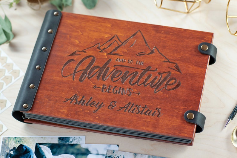 Personalized Adventure Book, Custom Engraved Wooden Photo Album with Mountains Design, Preserve Your Travel Memories in Memory Photo Book image 6