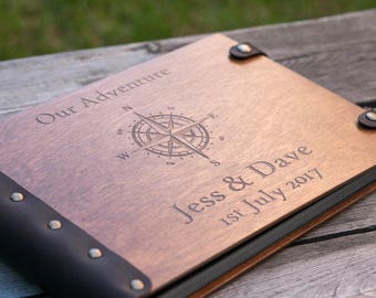 Wooden Photo Album with Compass, Scrapbook in Leather Bound, Family Vacation Album, Memory Book for Vacation, Gift for Brother