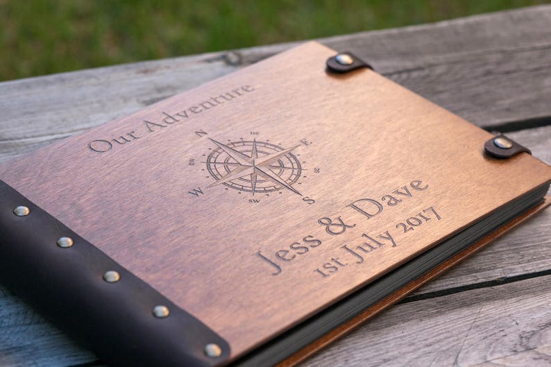 Wooden Photo Album with Compass, Scrapbook in Leather Bound, Family Vacation Album, Memory Book for Vacation, Gift for Brother image 1