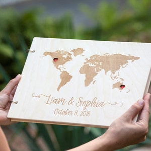 Livre d'or en bois, carte du monde, livre d'or de mariage, livre d'or personnalisé mariage à destination, livre d'or blanc, cadeau de mariage personnalisé pour couple