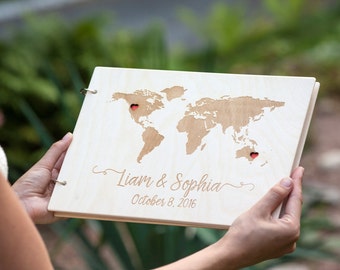 World Map Wedding Guest Book, White Guest Book for Destination Wedding, Unique Wooden Guest Book with Hearts, Gift for Newlyweds