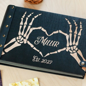 Skeleton Hands Photo Album with Last Name, Gothic Heart Wedding Photo Album, Till Death Do Us Part Fall Wedding Decor, Unique Halloween Gift