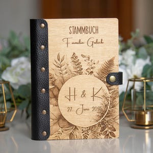 Custom Wood Notebook for Family Notes, Wedding Notebook, Personalized Leather Notebook, Engagement Notebook Couple Gift, Floral Notebook
