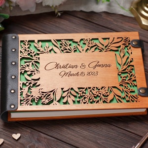 Wood Carved Flower Wedding Guest Book Engraved with Names and Dates of the Wedding Anniversary for Keeping Notes from Guests image 6