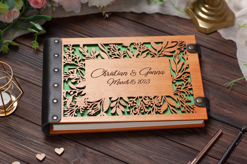 Wood Carved Flower Wedding Guest Book Engraved with Names and Dates of the Wedding Anniversary for Keeping Notes from Guests image 6