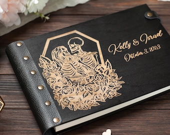 Gothic Skulls Wedding Guest Book, Personalized Halloween Guestbook Goth Wedding, Black Guest Book, Wooden Guest Book Halloween Party