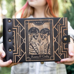 Wooden Guestbook with gothic skulls until death do us part on Halloween with Your Names from Plywood in Leather Bound for Anniversary Gift