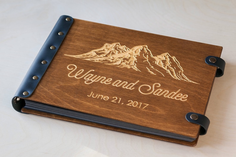 Wooden Photo Album with Mountains Design, Personalized Photo Album for Travel Memories, Unique Photo Book, Travel Gift image 2
