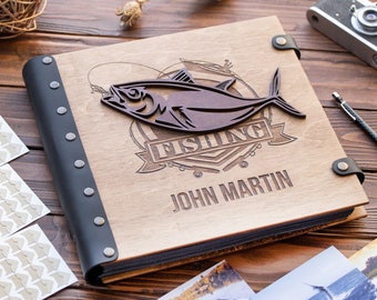 Wooden Photo Album for Fisherman with 3D Fish Personalized Book for Scrapbooks and Photos From Fishing or Hunting Great Gift for Husband