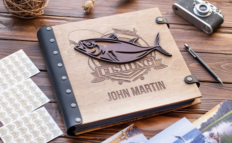 Wooden Photo Album for Fisherman with 3D Fish Personalized Book for Scrapbooks and Photos From Fishing or Hunting Great Gift for Husband image 1