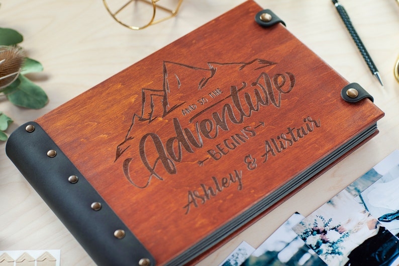 Personalized Adventure Book, Custom Engraved Wooden Photo Album with Mountains Design, Preserve Your Travel Memories in Memory Photo Book image 3