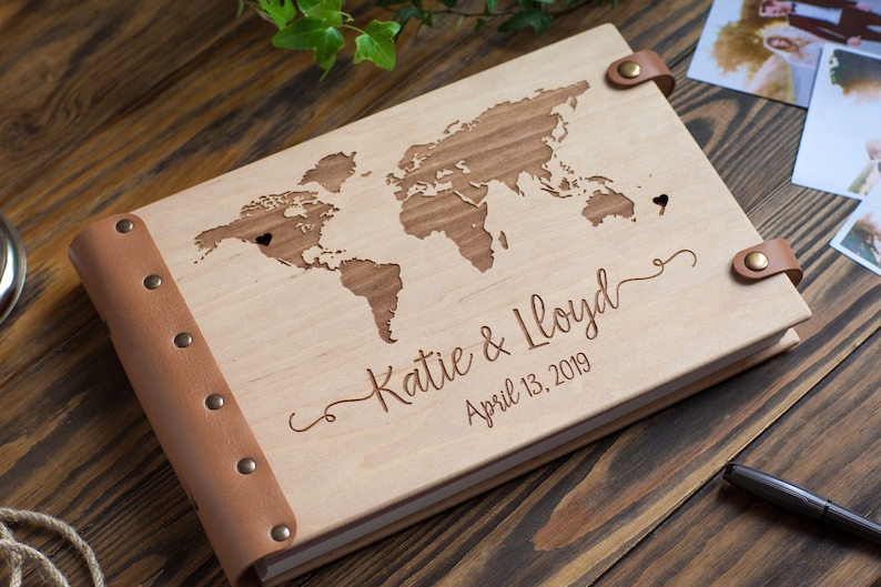 Travel World Map Photo Album, Our Adventure Book, Map Photo Album, Destination Wedding Album, Vacation Scrapbook image 1